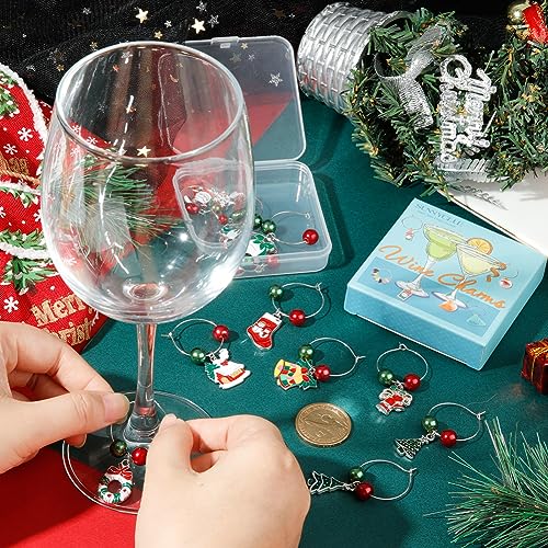 SUNNYCLUE 1 Box 12Sets Christmas Wine Charms Drink Identifiers Silver Wine Glass Markers Enamel Christmas Tree Red Green Beads Beading Rings Drink Identification for Party Tasting Favor - style: 12 Sets Silver Tone Christmas Drink Identifiers & Upgraded G
