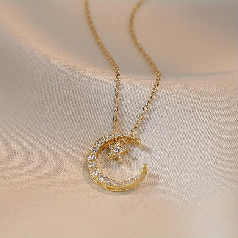 1 Pc, Gold Tone Beaded Chain, CZ Moon & Star Pendant Necklace, Minimalist Dainty Style, Trendy Outfit Matching (Gold)