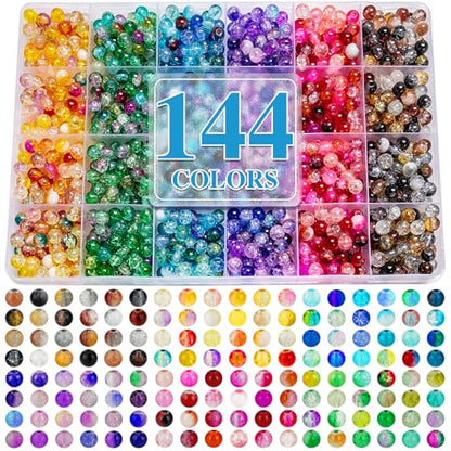 XSEINO About 144 Colors 1200PCS 6mm Glass Beads Bracelet Making Set, 6 Styles of Mixed Crack Beads for Bracelets, Jewelry, and DIY Making - color: Mixed Crackle Beads
