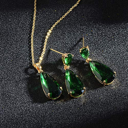 Wedding Jewelry Set for Bridesmaids - Sterling Silver Teardrop CZ Crystal Cubic Zirconia Rhinestone Diamond Bridal Necklace Earrings Set for Bride Mother of Bride Party Prom Birthstone Costume Jewelry - color: May-Emerald