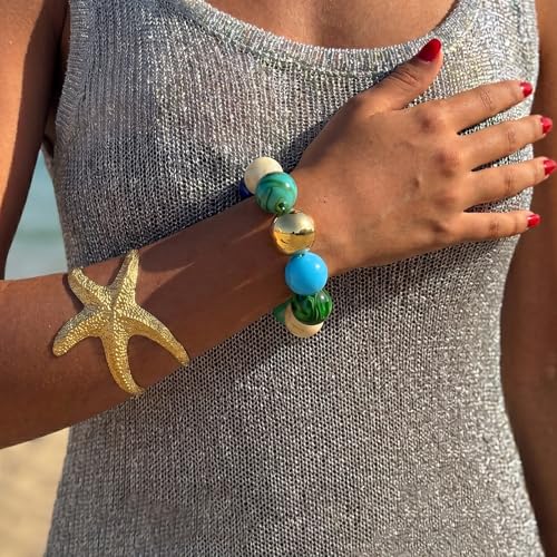 Multicolor Chunky Beaded Bracelet for Women Bold Acrylic Resin Stretch Bracelet Summer Beach Statement Bracelets Trendy Elastic Bangle Jewelry - color: Large bead bracelet-multi blue