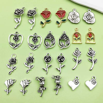 Sailanzi 96pcs Alloy Ancient Silver Rose Series Pendant Jewelry Making DIY Keychain Earrings Pendant Various Design Charms for Jewelry Making Bracelets Necklace (SN439) - color: SN439
