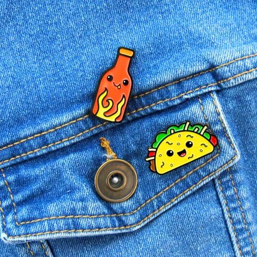 Enamel Pin Set (2 Pins Per Set) for Backpack, Bag, Lapel, Kawaii Button Collector - style: Taco & Hot Sauce