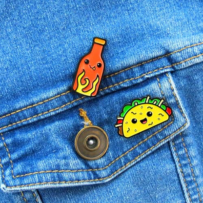 Enamel Pin Set (2 Pins Per Set) for Backpack, Bag, Lapel, Kawaii Button Collector - style: Taco & Hot Sauce