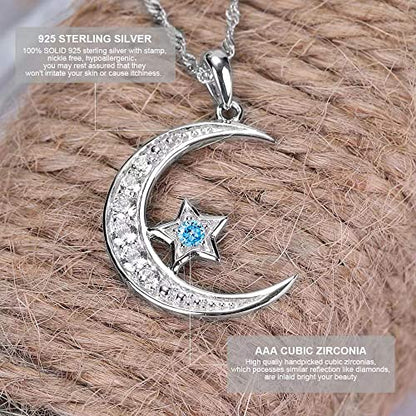 Sterling Silver Crescent Moon Star Necklace Cubic Zirconia Jewelry for Teen & Women Ladies Dainty 18" Chain - color: Lake Blue
