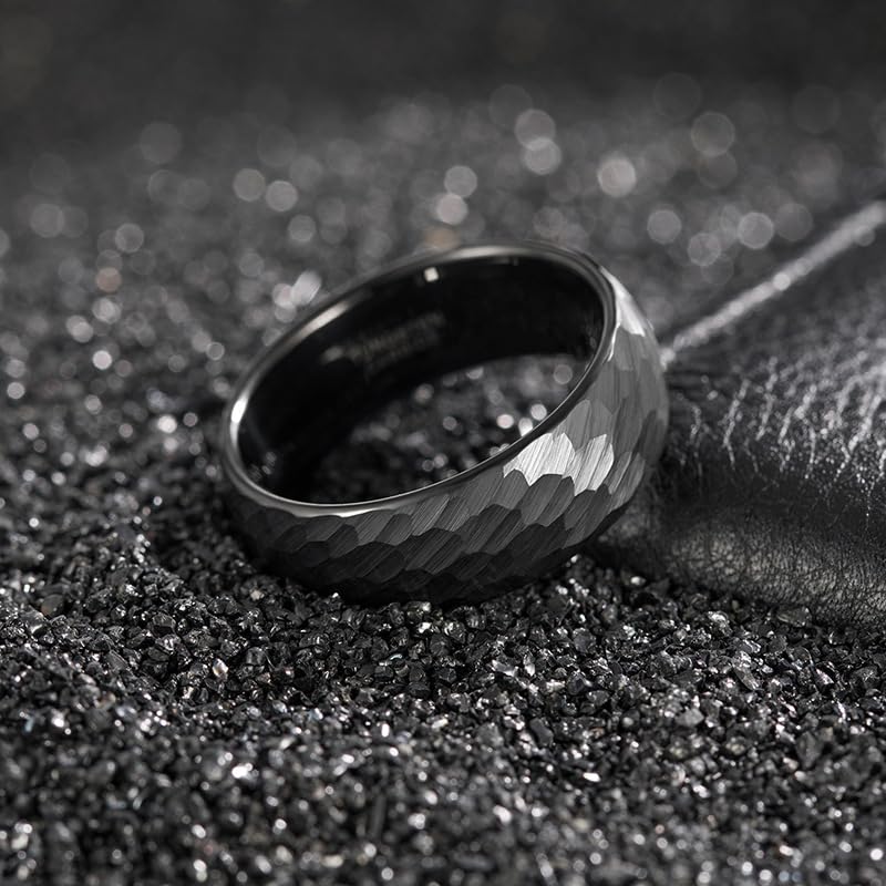 4-6mm Hammered Tungsten Wedding Band Matte for Men and Women | Matte Brushed Finish, Scratch and Fade Resistant, Engraved Faceted Pattern, Dome Profile, 4mm/6mm/8mm, Sizes 6–12 - color: 6mm Hammered Black