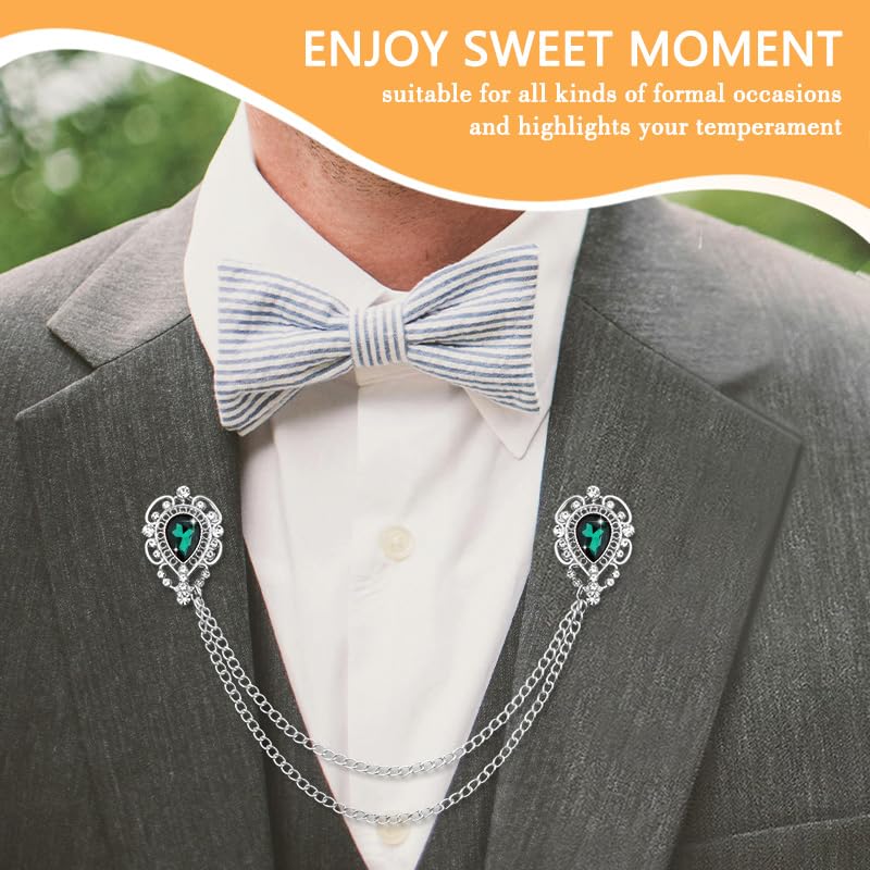 Teardrop Rhinestone Brooch Mens Lapel Pins for Shirt Collar Hanging Chain Brooch Suit Pin Crystal Rhinestone Lapel Pins for Men - color: Green-J