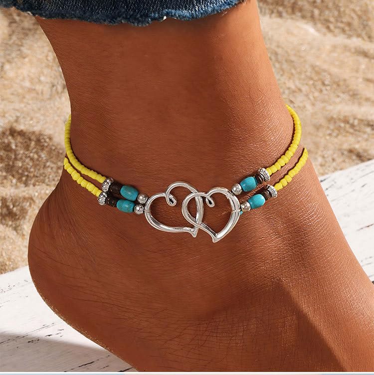 Elastic Beaded Ankle Bracelets for Women Double Heart Layered Stretch Ankle Bracelets Waterproof Dainty Boho Beaded Anklets for Summer Beach Foot Jewelry - color: Yellow Silver