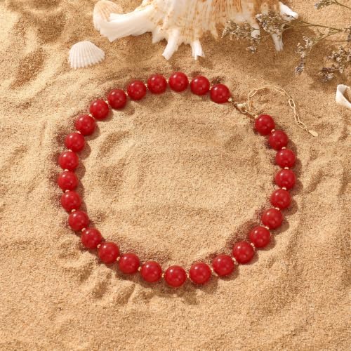 Colorful Beaded Necklace for Women Boho Statement Chunky Necklace Natural Stone Beads Gemstone Choker Necklaces Handmade Summer Beach Jewelry - color: Red