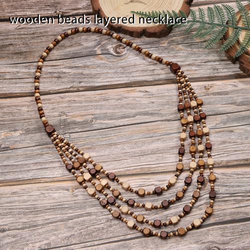 Wood Beads Necklace & Earrings for Women Chunky Multi-Layering Choker Necklace Ear Pendant - color: C
