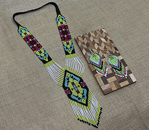 Handmade Beaded Indian Necklace,Inspired by Native American Style Long Necklace Earrings Set,One of a Kind beaded Necklace for Women,Perfect for Occasions, Gifts - color: White & Green