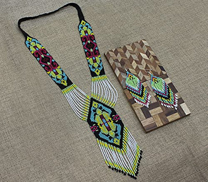 Handmade Beaded Indian Necklace,Inspired by Native American Style Long Necklace Earrings Set,One of a Kind beaded Necklace for Women,Perfect for Occasions, Gifts - color: White & Green