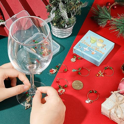 SUNNYCLUE 1 Box 12Sets Christmas Wine Charms Drink Markers Red Green Crystal Glass Bead Wine Glass Beading Rings Enamel Santa Claus Charm Drink Identifiers for Party Tasting Favor - style: 12 Sets Golden Tone Christmas Wine Charms & Upgraded Gift Box