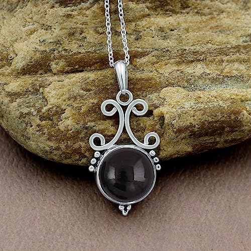 Natural Round Gemstone Pendant Necklace for Women, 925 Sterling Silver | Solitaire Birthstone Jewelry With 18 Inch Chain, Handmade Semi Precious Stone Pendant, Jewelry Gift for Mom, Wife & Sister - color: Black Onyx