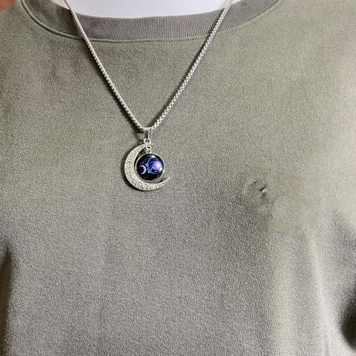 Stainless Steel Mens Necklace 12 Zodiac Moon Galaxy Pendant Necklace,22.8 Inch Stainless Steel Chain, 1.13 Inch Aries/Pisces Celestial Crescent Moon Star Sign Charm Jewelry - style: Libra（9.23-10.23）