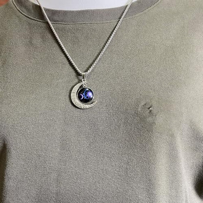 Stainless Steel Mens Necklace 12 Zodiac Moon Galaxy Pendant Necklace,22.8 Inch Stainless Steel Chain, 1.13 Inch Aries/Pisces Celestial Crescent Moon Star Sign Charm Jewelry - style: Libra（9.23-10.23）