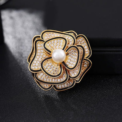 Elegant Floral Brooch Pins for Women, Crystal Pearl Rhinestone CZ Flower Lapel Pin Wedding Party Exquisite Brooches and Pins for Women Ladies - color: Gold+Black
