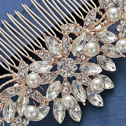 Hapibuy Rose Gold Wedding Hair Comb Pearl Crystal Bridal Hair Accessories For Bride and Bridesmaid - color: Rose Gold