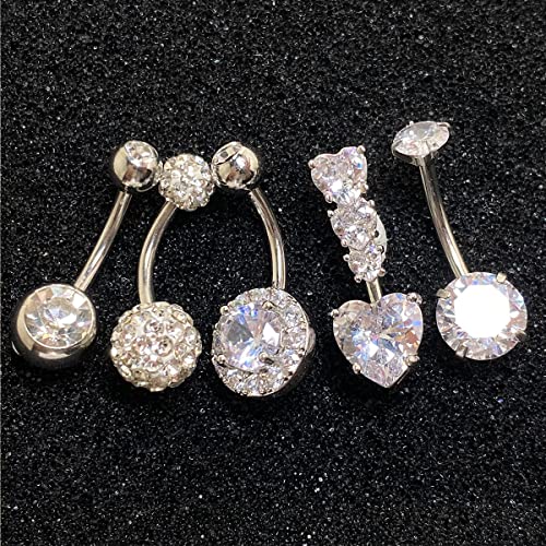 Belly Button Rings Stainless Steel 14G CZ Opal Navel Rings Barbells Women Girls Belly Piercing Jewelry - color: Silver Color-Style B: 5 PCS
