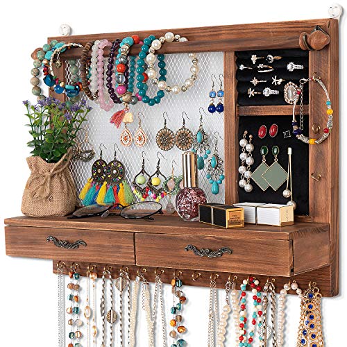 Jewelry Wall Organizer Wall Mounted, Jewelry Hanger Display Rack Earring with Drawers, for Earring/Stud/Ring/Necklace/Bracelets Accessories Bangles Holder Girls Gift (brown)