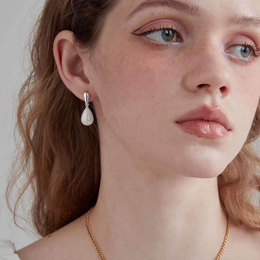 14k Gold Plated Lightweight Pearl Earrings,Trendy Jewelry,Teardrop Hoop Earrings for Women,Pearl Drop Earrings,Elegant Jewelry for Gifts - color: silver-pearl dangle
