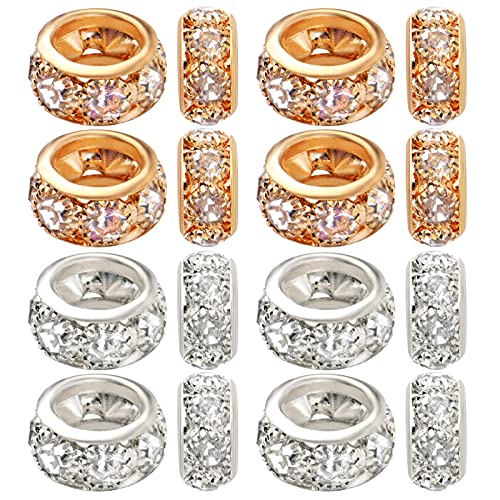 BronaGrand Large Hole Spacer Beads, 40pcs 12 mm Crystal Rhinestone European Beads Brass Rondelle Charm Spacers Loose Beads Crafts Supplies for DIY Snake Chain Bracelets Jewelry Making, Gold, Silver - color: Gold&Silver, size: 12MM