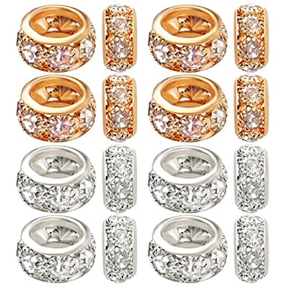 BronaGrand Large Hole Spacer Beads, 40pcs 12 mm Crystal Rhinestone European Beads Brass Rondelle Charm Spacers Loose Beads Crafts Supplies for DIY Snake Chain Bracelets Jewelry Making, Gold, Silver - color: Gold&Silver, size: 12MM