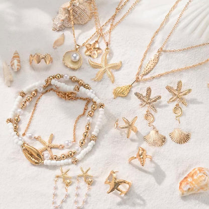 Seashell Starfish Jewelry Set for Women Ocean Vacation Accessories Layered Charm Necklace Bracelets Earrings Rings Anklet Summer Beach Jewelry Gifts - style: Style : Gold Ocean A