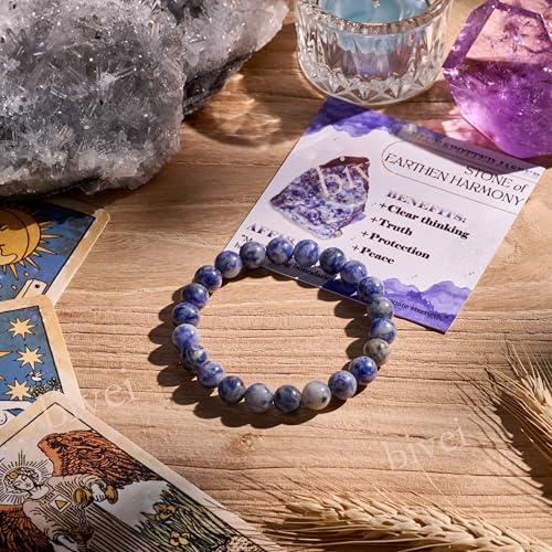 Bivei 8mm Beaded Bracelets for Women Handmade Semi Precious Natural Stone Stretch Elastic Jewelry Yoga Protection Gifts - color: Blue Spotted Jasper-Calm Flow, size: Medium 6.8-7.3 inch