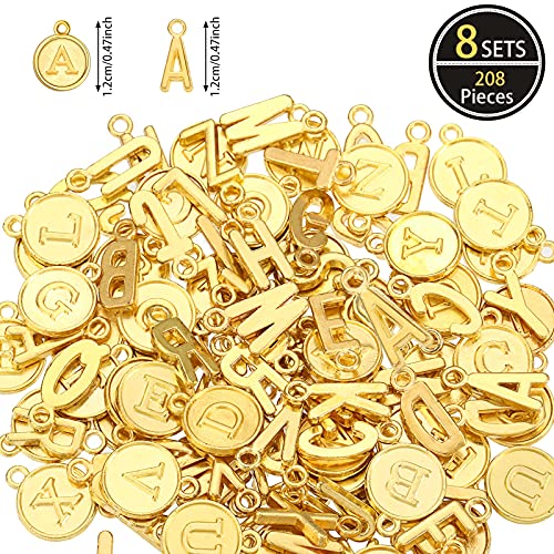 8 Sets/ 208 Pieces Mixed Alphabet Charms Round Letter Pendants A-Z Initial Letter Metal Charms for Jewelry Making and DIY Crafting(Golden)