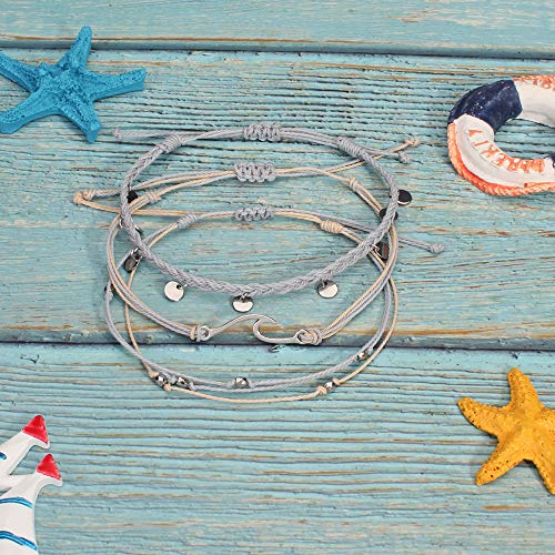 Waterproof String Anklets Cute Beaded Ankle Bracelets Beach Wave Anklet Stainless Steel Coin Boho Ankle Jewelry for Women - color: Light Grey
