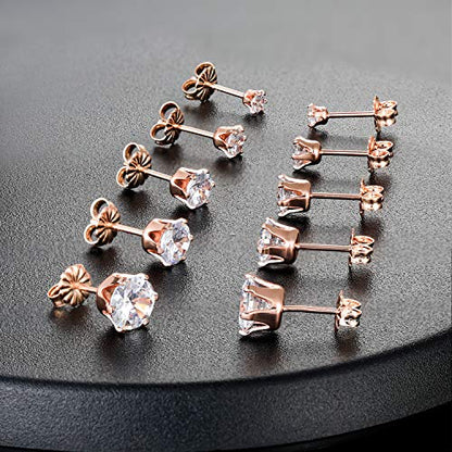 Gemsme 5 Pairs Princess Cut Cubic Zirconia Stud Earrings for Women/Men - 18K Gold Plated Hypoallergenic 3-7mm Square Clear CZ Earring Set - color: 925 Sterling Sliver-Rose Gold-Round 6 Prong