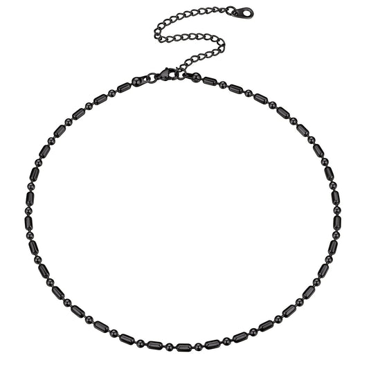 FOCALOOK Choker Necklace for Women Dainty 14K Gold Plated Double Layered Necklace Silver Black Metal Satellite Beaded Boho Choker Chain - color: 03.Beaded Choker-Black
