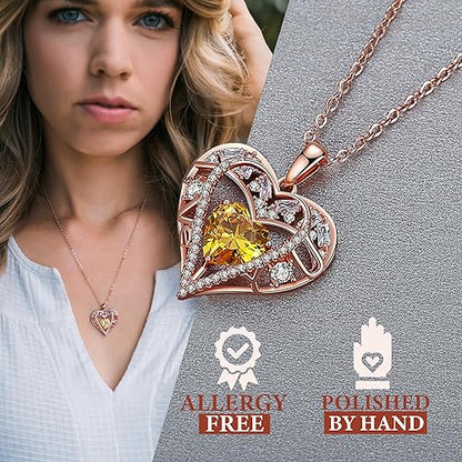 5 Heart I Love You Necklace for Women, Birthstone Crystal Pendant, Birthday Gift for Her, Wife, Mom, Rose Gold or Gunmetal Plated, 925 Sterling Silver Chain 18"+2" - color: 11-November-Citrine Yellow-Rose Gold Plated