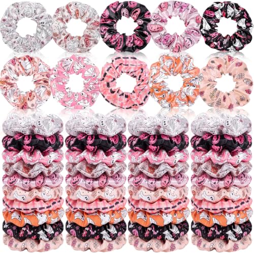 80 Pcs Pink Halloween Satin Hair Scrunchies for Women Spooky Cute Ghost Pumpkin Hair Ties Cute Elastic Bands Ropes Ponytail Holder Bulk Halloween Party Favors Goodie Bag Fillers - style: Halloween