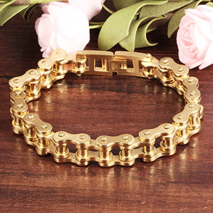 jonline24h Mens Womens Stainless Steel Motorcycle Biker Chain Heavy Bracelet Rock Link Wristband - color: Gold