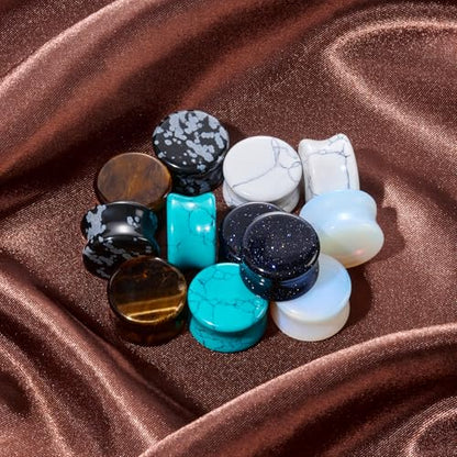 Qmcandy 6 Pairs/16 Pairs Natural Stone Ear Plugs Saddle Plugs Ear Gauges Expander Piercing Gauge 8G to 13/16 inch - color: 12pcs 11/16"(18mm)