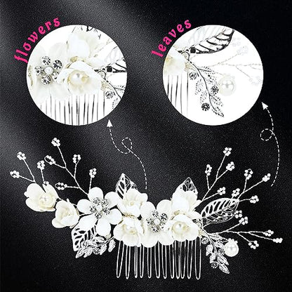 Cinaci 18 Pieces Bridal Wedding Party Prom Pearl Rhinestone White Flower Hair Side Combs Slides+U-shaped Flower Hair Pins+Twist Spiral Hairpins Floral Headpieces for Brides Bridesmaids Women Girls - color: White