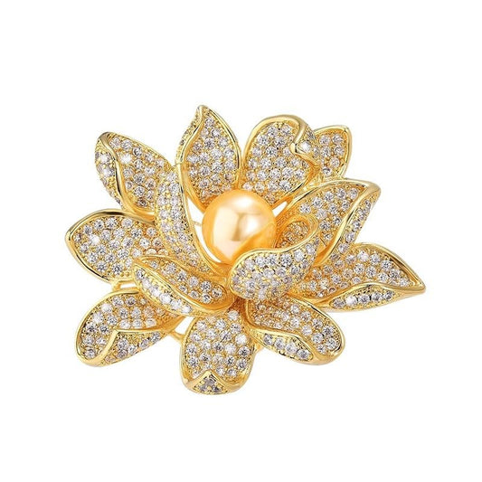 Elegant Floral Brooch Pins for Women, Crystal Pearl Rhinestone CZ Flower Lapel Pin Wedding Party Exquisite Brooches and Pins for Women Ladies - color: Gold+Orange-1