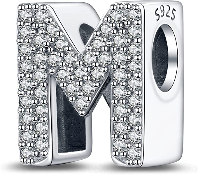 A-Z Alphabet Letter Name Initial Tag Personalized Monogram Surname Birthday Bead Pendant 925 Sterling Silver Dangle Compatible With Pandora Moments Charm Bracelet - style: M Letter Initial Name Alphabet