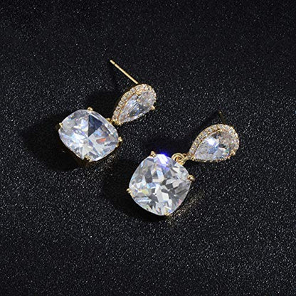 Elegant Jewelry Set for Women Silver Teardrop CZ Drop Earrings and Necklace | Square Teardrop Cubic Zirconia Rhinestone Jewelry Sets Bridal Jewelry Sets for Wedding Bride Bridesmaids Mother of Bride - style: Shining Beauty (14k Gold Plated)