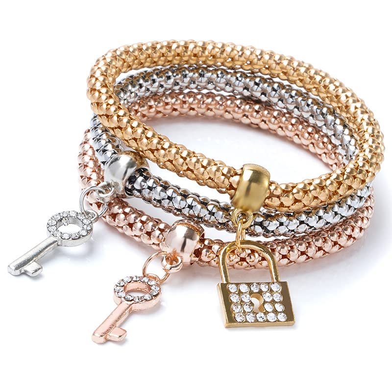 Alegend 14K Gold Plated Stackable Multilayer Bracelets + Titanium Steel(Not Rust, Resist Corruption, Easily Clean) 18K Gold Plated Single Bracelets - color: 14K Gold Crystal Keys and Locks