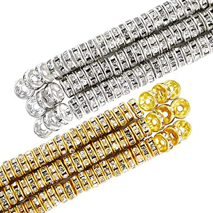 Hicarer 800 Pieces Round Rondelle Spacer Beads Crystal Rhinestone Loose Charm Beads for Jewelry Making(6 mm,Gold, Silver) - size: 6