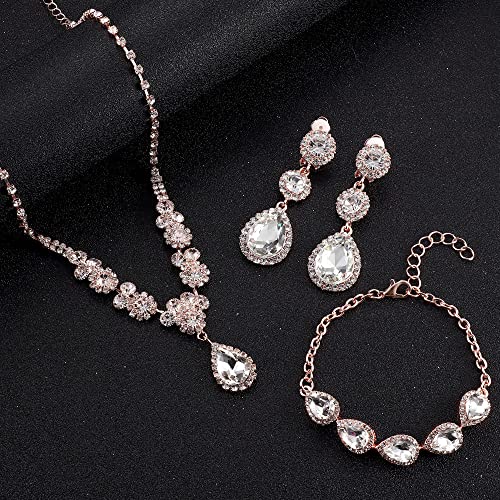 Jstyle Rhinestone Wedding Jewelry Sets for Brides, Brides Bridesmaid Sets | Non Tarnish Bridal Jewelry Set, Crystal Teardrop Pendants Necklace Bracelet,Clip On Earrings, Wedding Prom Jewelry Set - color: Rose Gold Tone