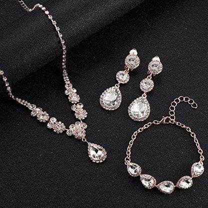 Jstyle Silver Wedding Jewelry Sets for Brides, Necklace and Earring Set | Non Tarnish Bridal Jewelry Set, Teardrop Pendants Necklace Bracelet Crystal Clip On Earrings Bridesmaid Wedding Prom Jewelry - color: Rose Gold Tone