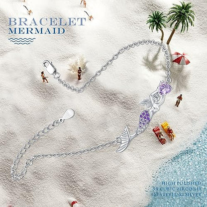 925 Sterling Silver Bohemia Hawaiian Beach Mermaid Floral Bracelet Birthday Graduation Gifts for Women with Gifts Box - style: 10B-Mermaid（Purple）