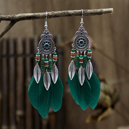 Boho Western Earrings for Women Western Feather Earrings Vintage Concho Turquoise Teardrop Dangle Earrings Country Concert Jewelry Accessories - style: Green feather