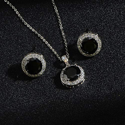 Bridal Crystal Jewelry Set - Sterling Silver Round Cubic Zirconia CZ Rhinestone Halo Birthstone Pendant Necklace Stud Earrings Set for Wedding Bride Bridesmaids Birthday Gift - color: Black