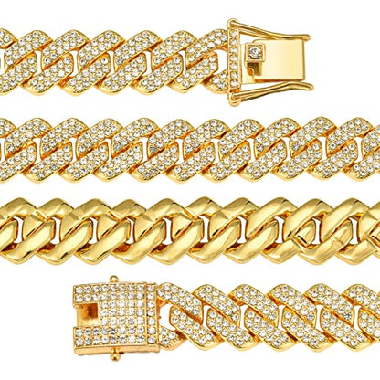 Mens Cuban Link Chain Miami Cuban Necklace 18K Gold Silver Chain For Men Women 14mm Iced Out Hip Hop Jewelry - color: 14K Yellow Gold, size: 24 inches