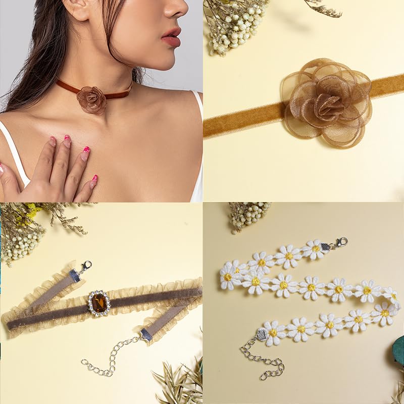 Nova&Aria Chokers Set For Women Heart Choker Necklaces Flower Pendant Velvet Cute Pink Turquoise Blue White Black Choker Necklace Christmas Colorful Lace Chokers - color: Brown-A